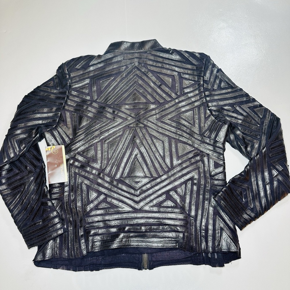 Multiples Faux Leather Geometric Pattern Zip Fron… - image 7